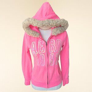 Y2K Vintage Aeropostale Pink Sequin Fur Trim Zip Hoodie